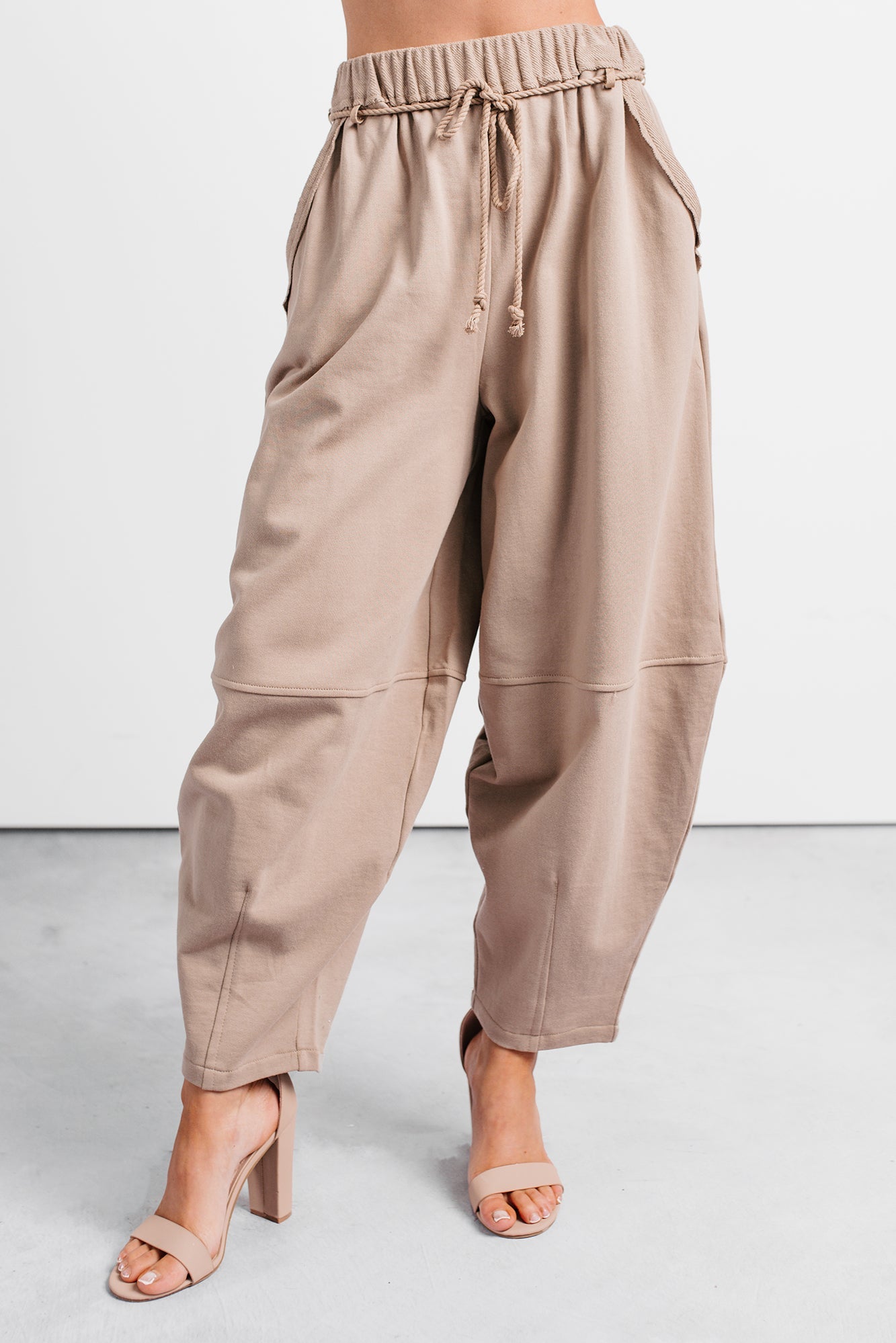 Wandering Home Braided Tie Barrel Sweatpants (Taupe)