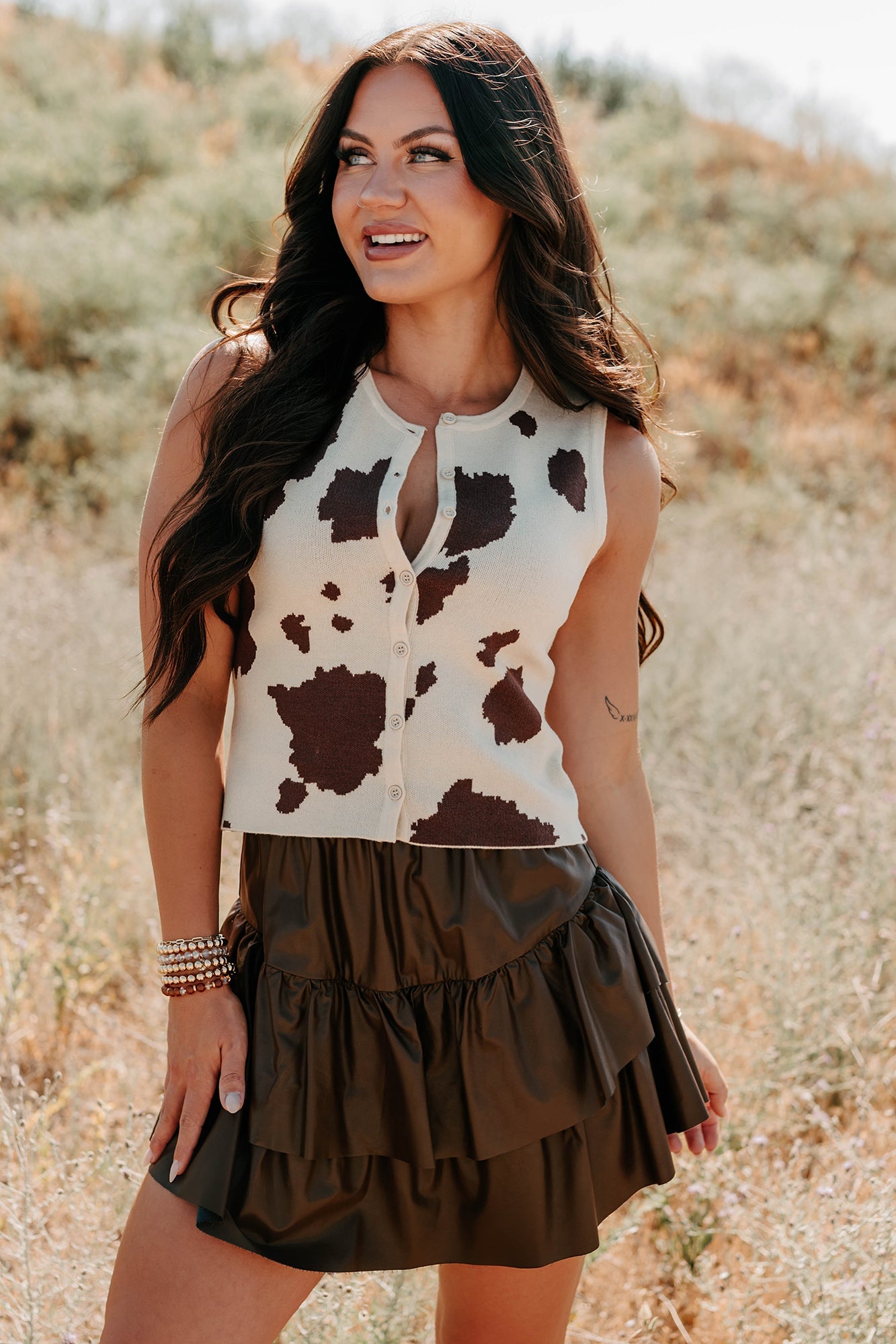 Rodeo Glow Sleeveless Cow Print Top (Beige/Brown)