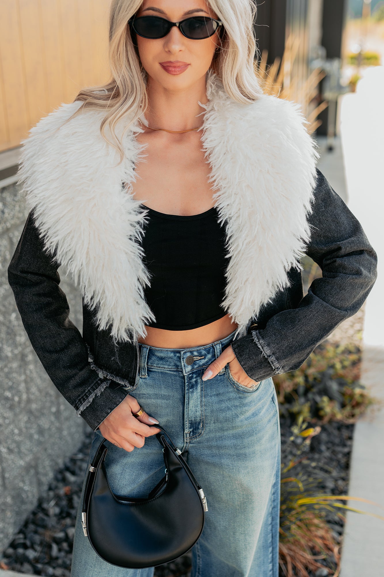 Unapologetic Glow Denim Fur Collar Jacket (Black)