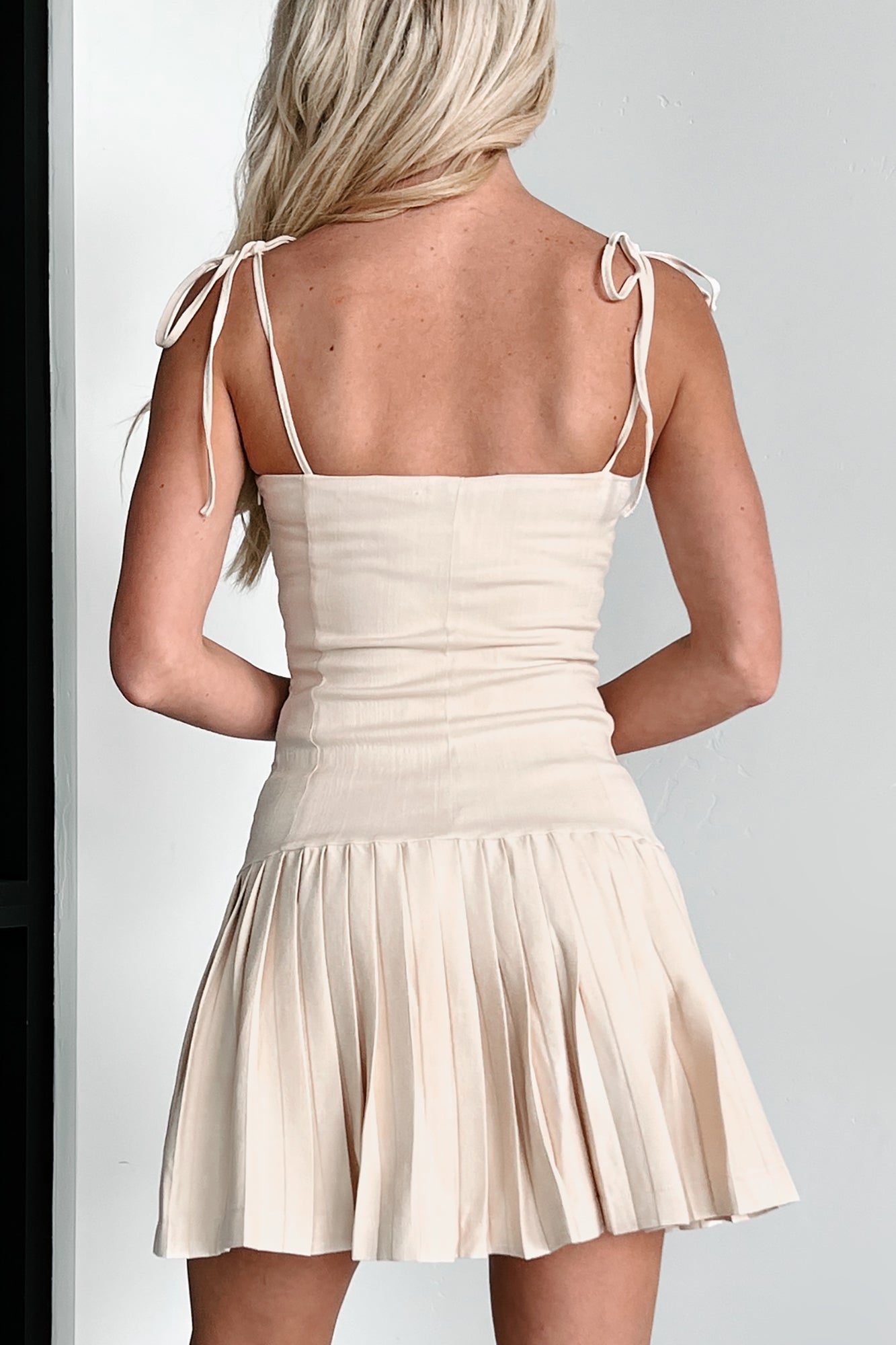 Take Me Away Pleated Hook & Eye Mini Dress (Oatmeal)