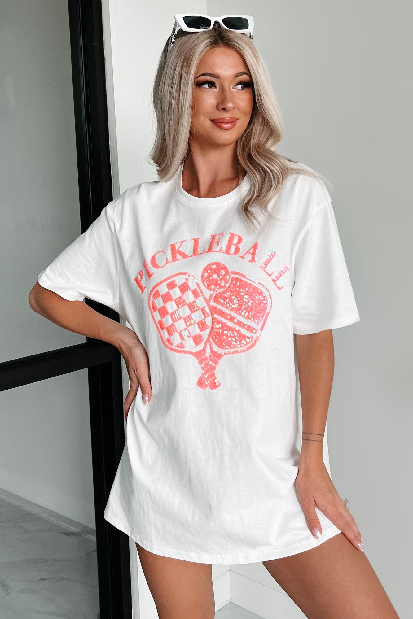 Prepped For Pickleball Oversized Sequin Graphic T-Shirt (Off White)