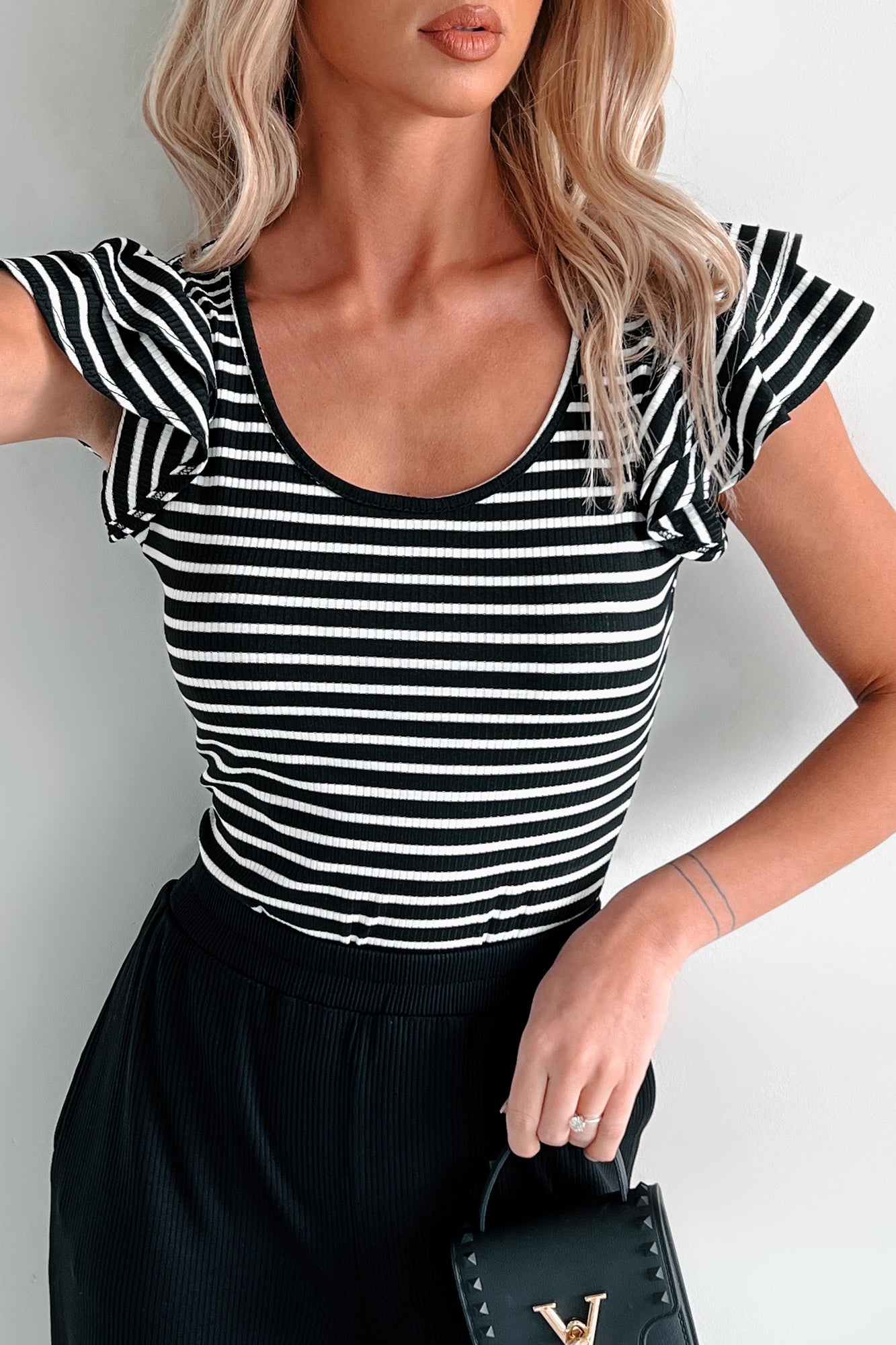 Sweet As Honey Ruffle Sleeve Striped Bodysuit (Black/White)