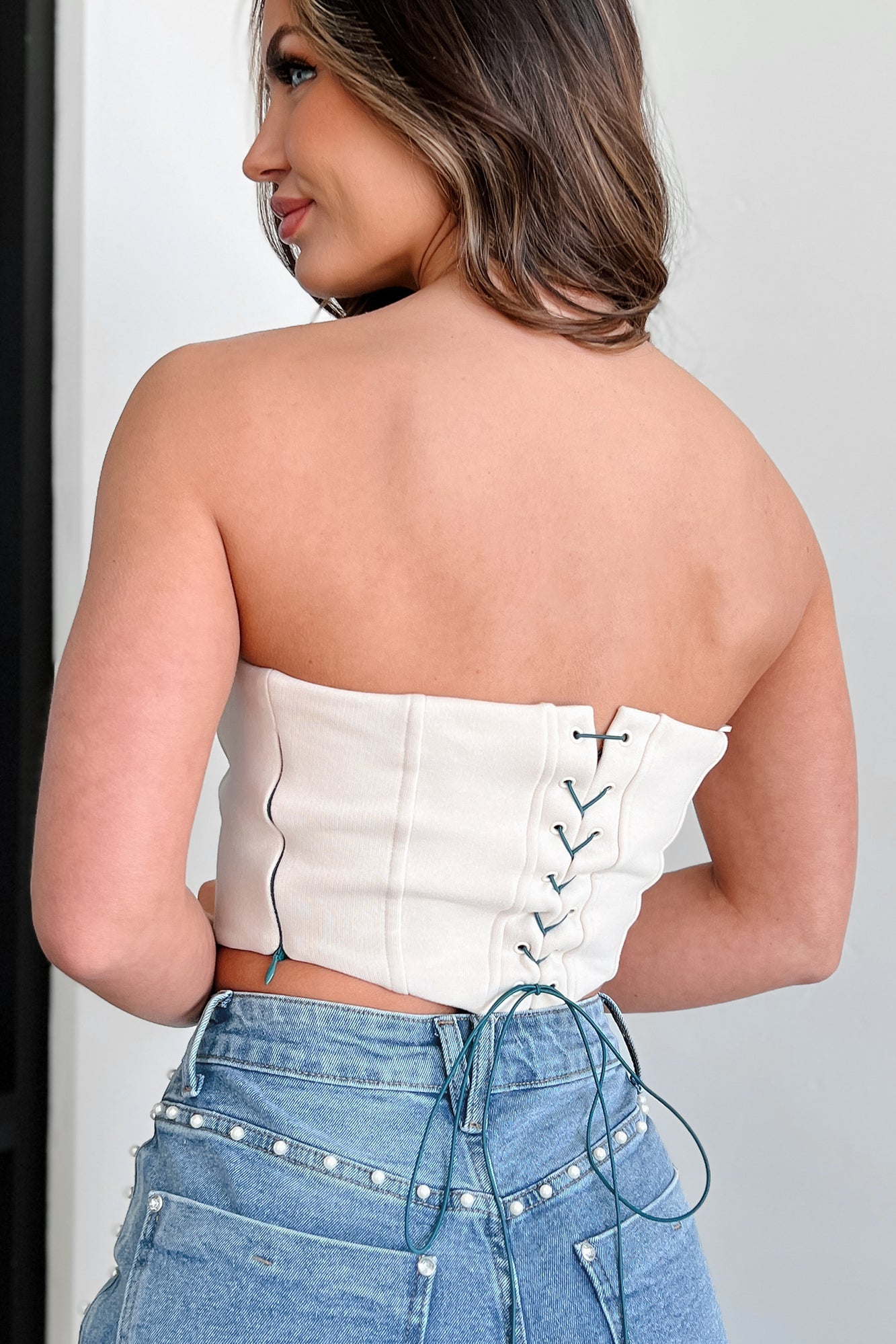 Playing The Player Strapless Lace-Up Crop Corset Top (Ecru)