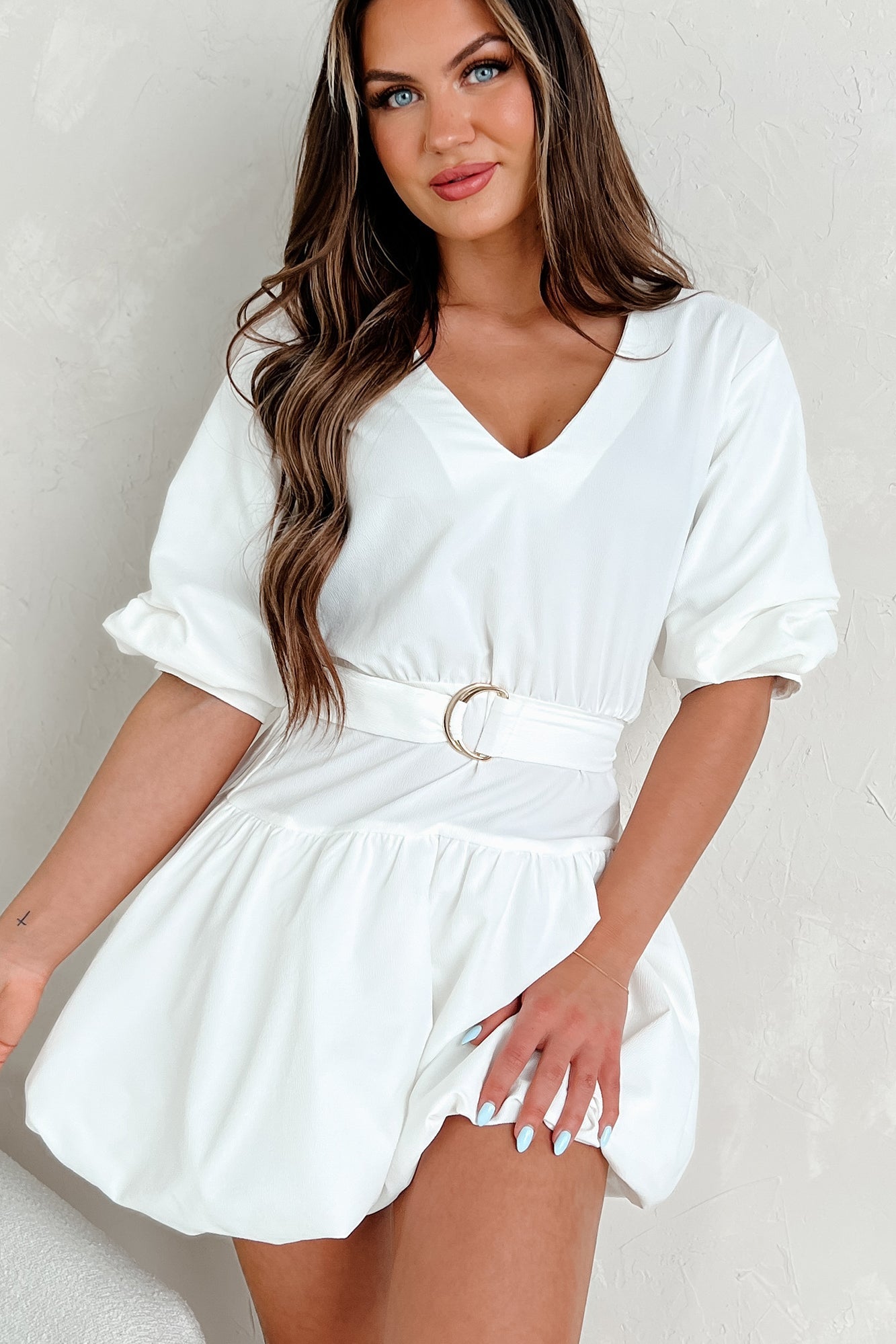 Tracy Belted Bubble Hem Mini Dress (Off White)