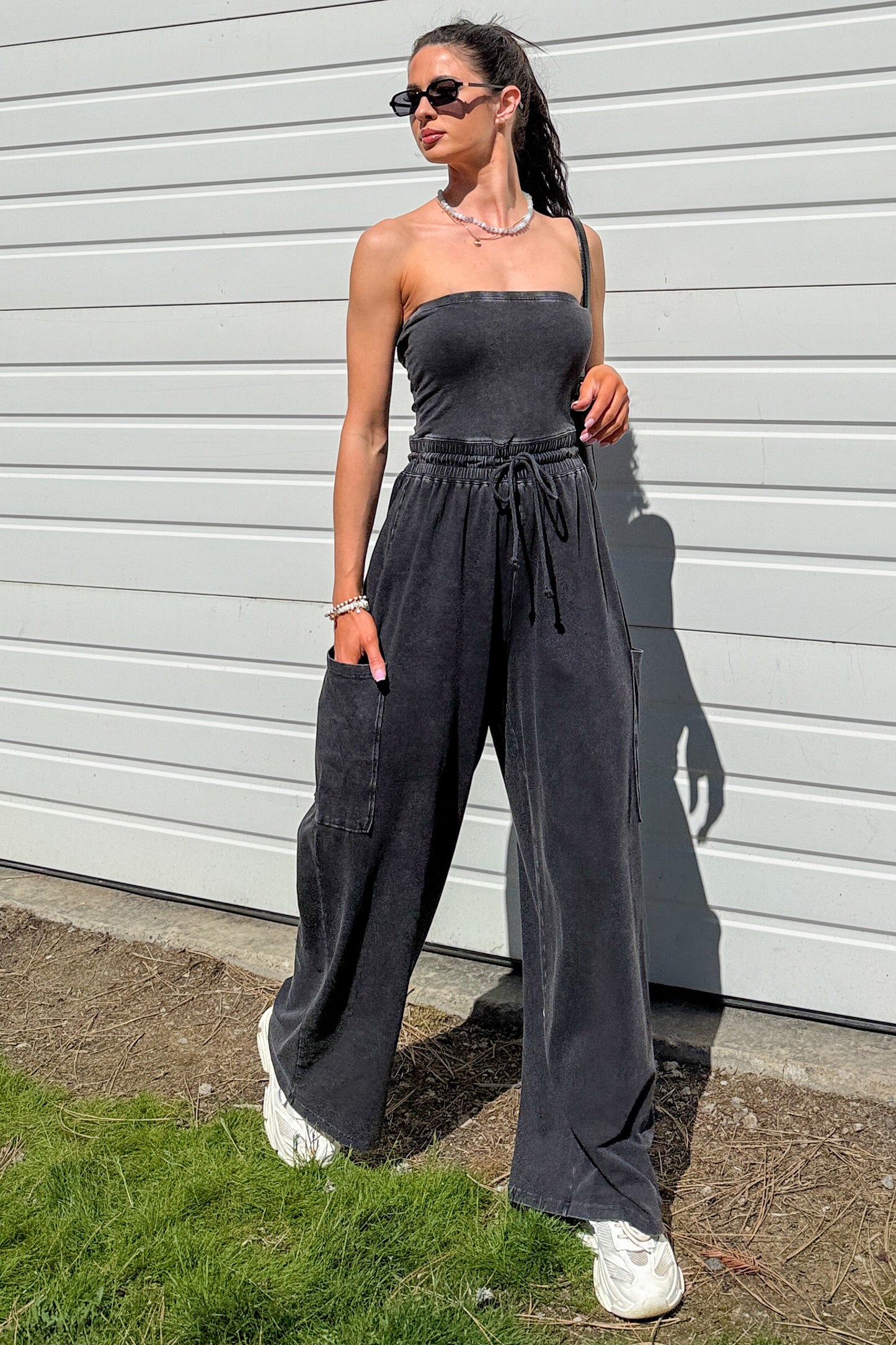 Weekend Uniform Strapless Mineral Wash Jumpsuit (Black)