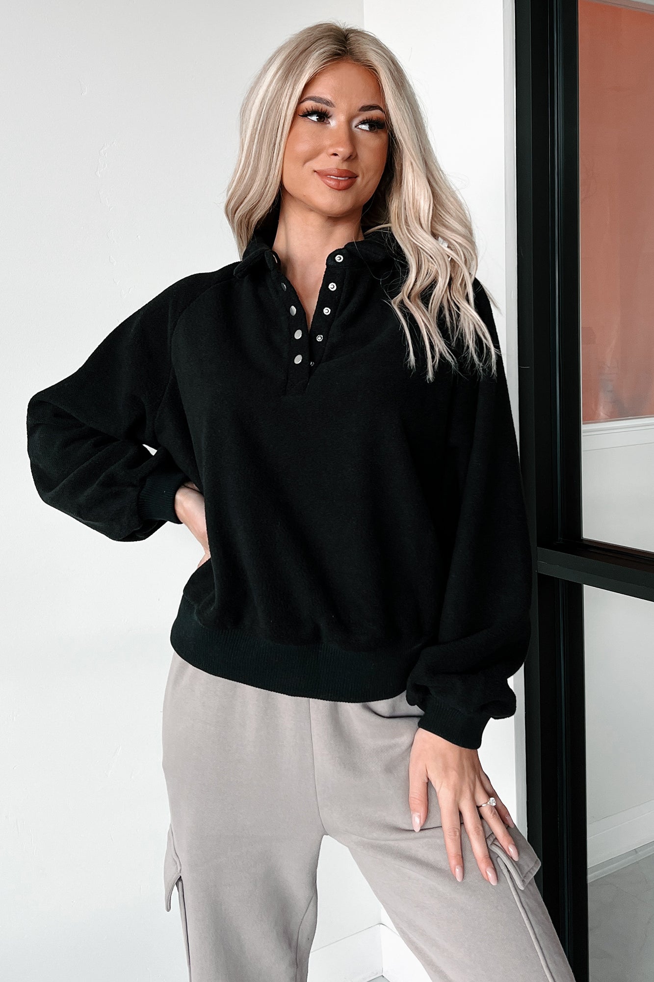 Working Remotely Fleece Pullover Top (Black)