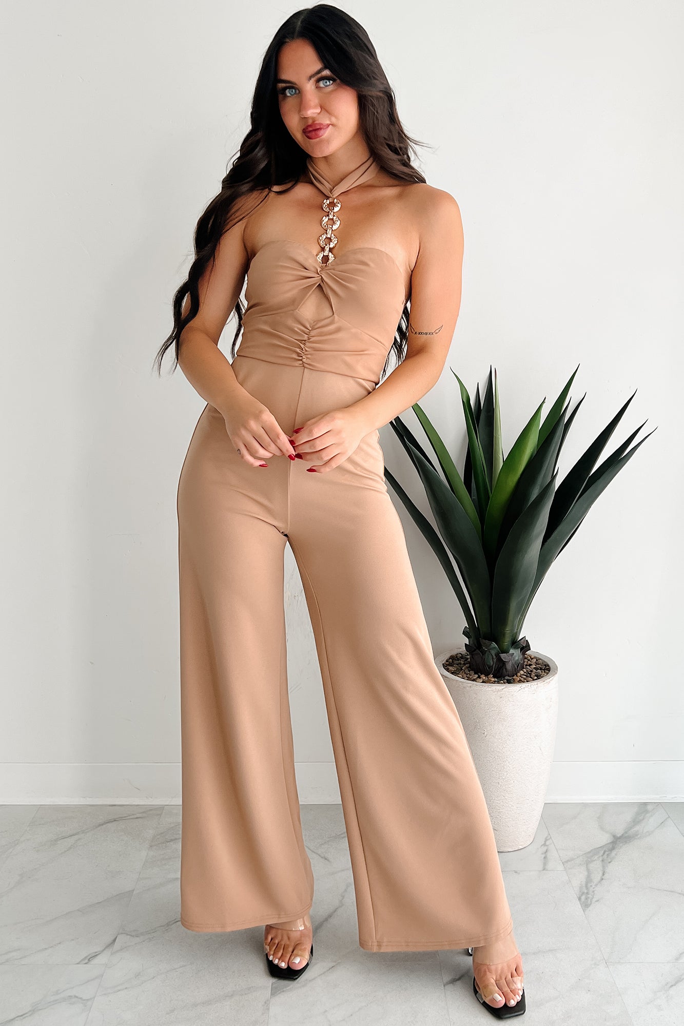 Sheer Ferocity Chain Strap Cutout Jumpsuit (Taupe)