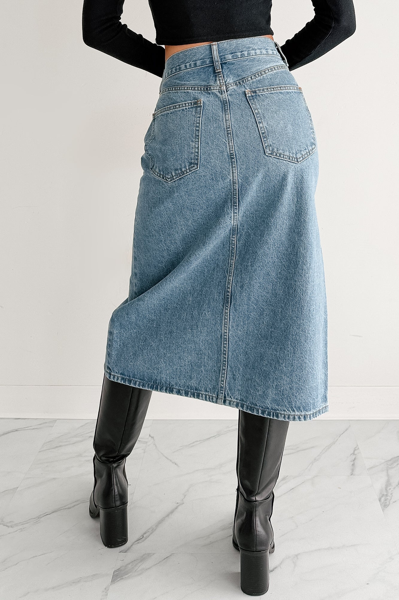 Stay Always Front Slit Midi Skirt (Medium Denim)