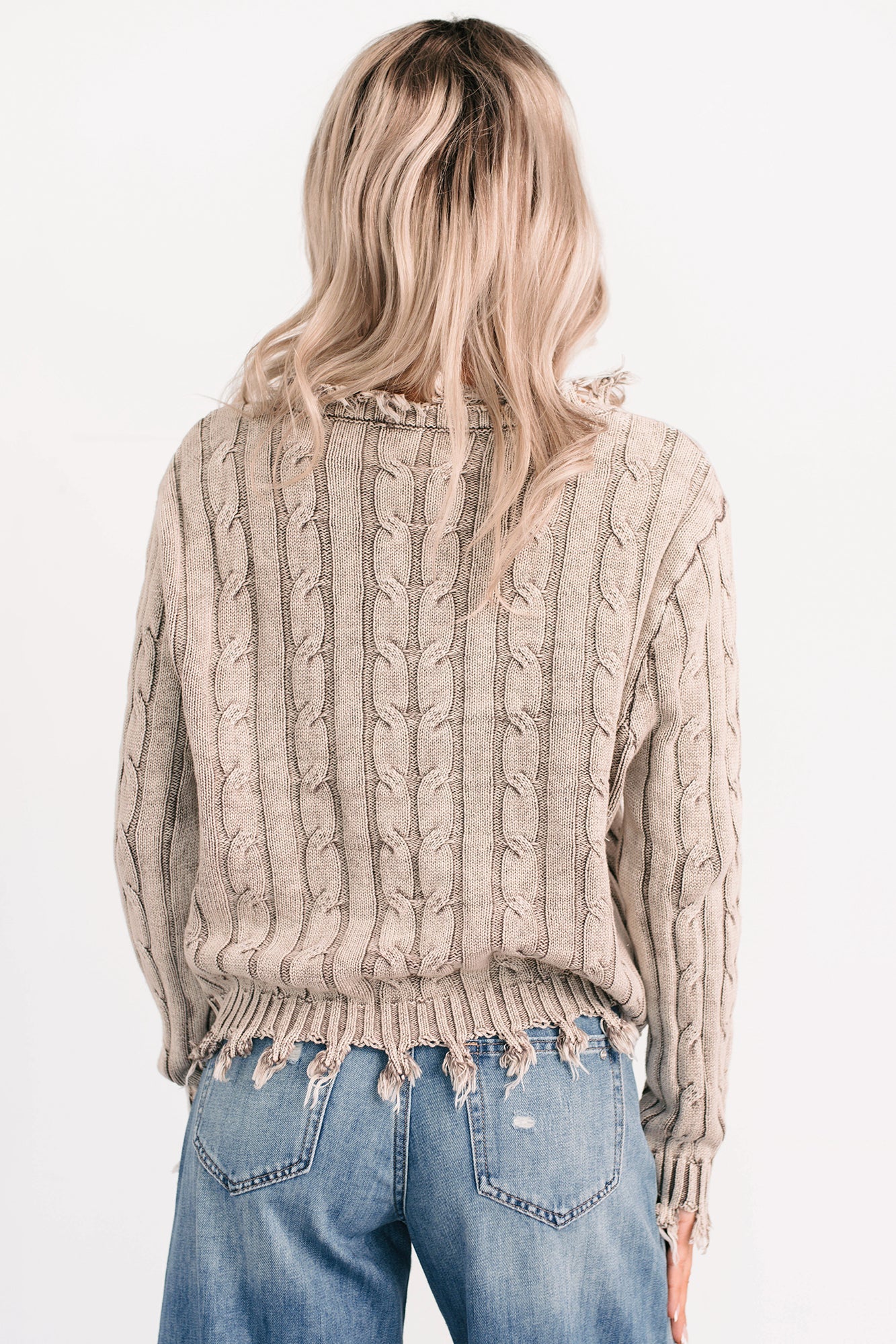 Unwritten Future Cable Knit Fringe Zenana Sweater (Mocha)