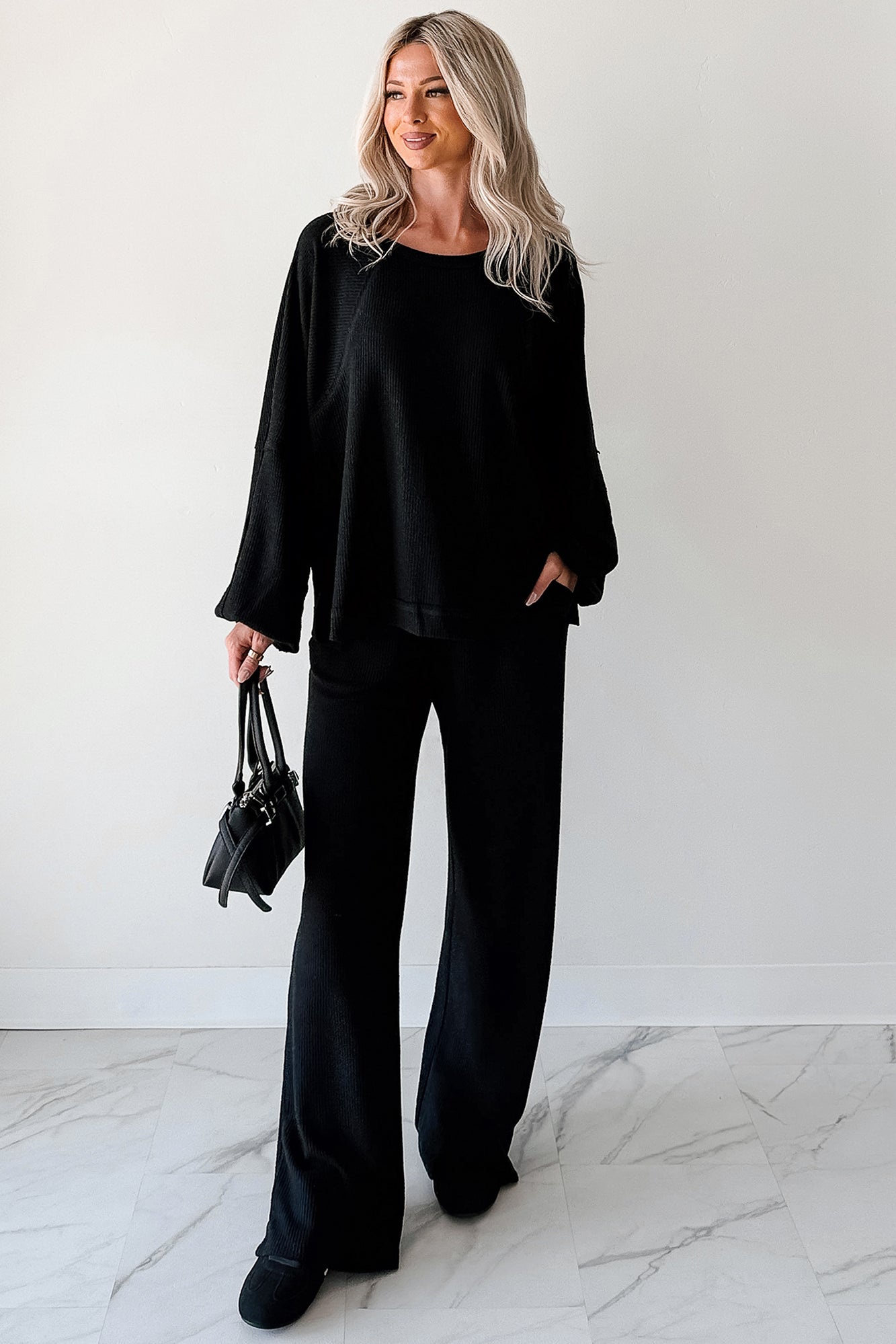 Still Breathing Waffle Knit Long Sleeve Top (Black)