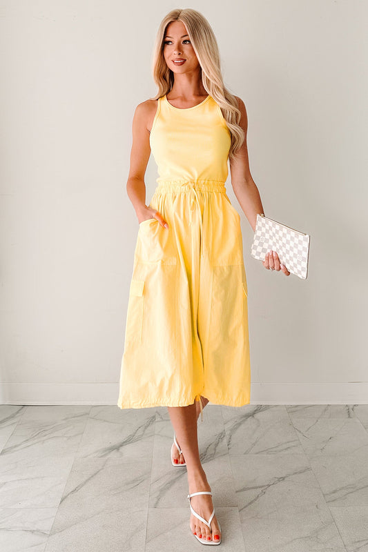 Quietly Extra Sleeveless Cargo Midi Dress (Yellow)
