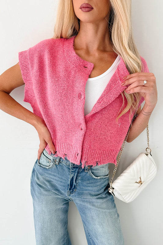 Undemanding Comfort Distressed Button-Up Sweater Vest (Pink)