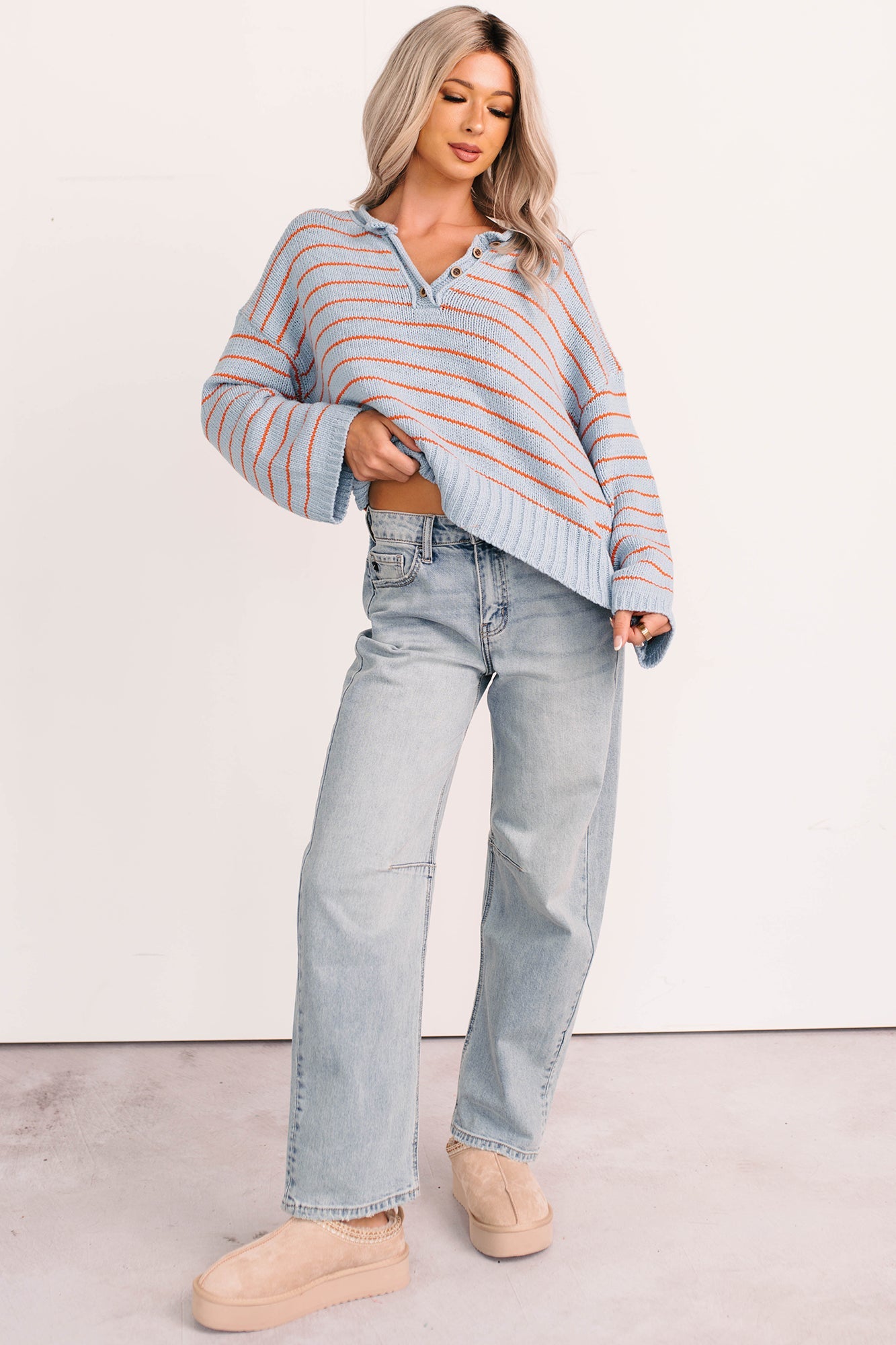 Sunday Comfort Striped Henley Sweater (Blue/Orange)