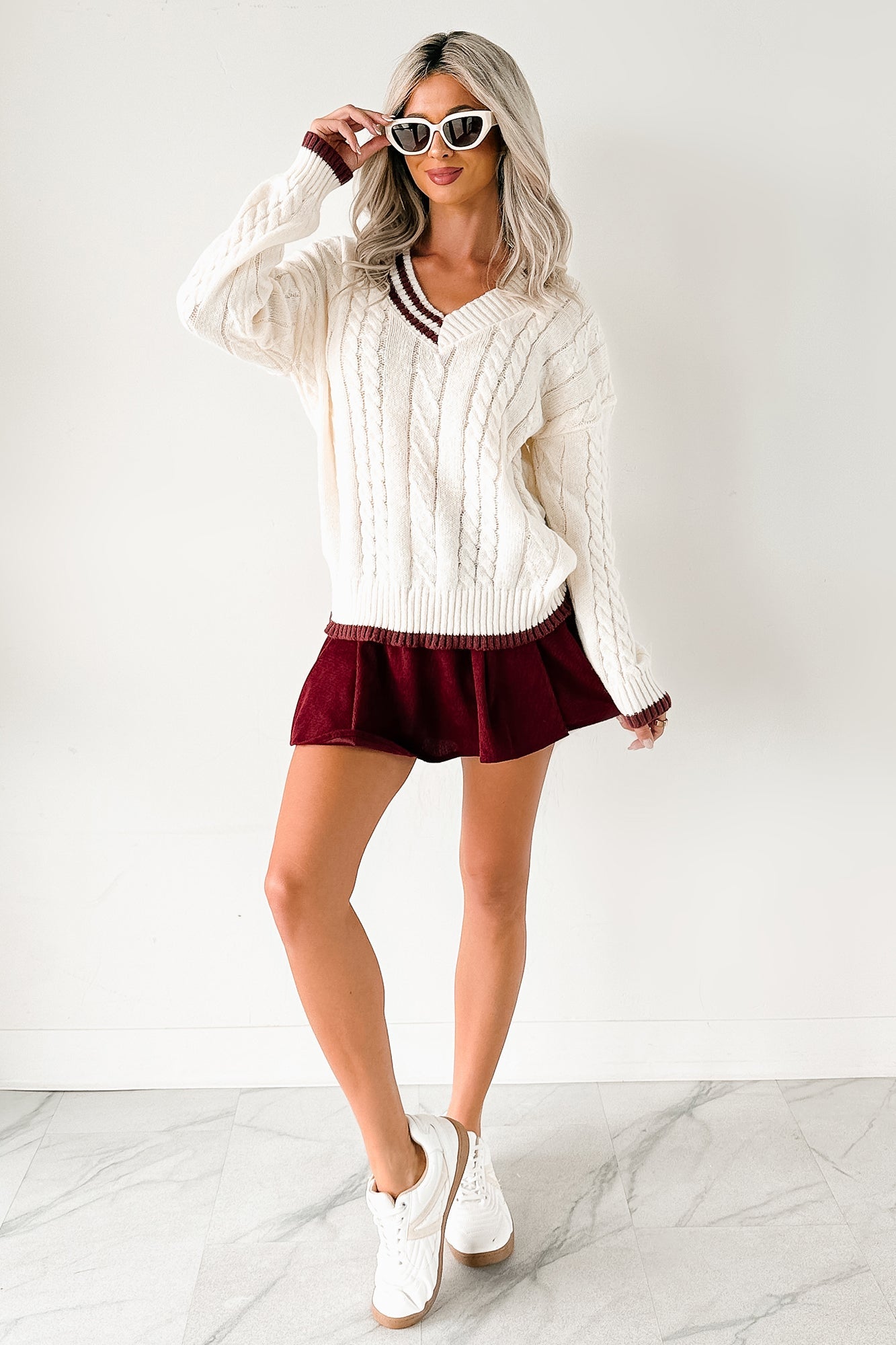 Woven Stories Cable Knit V Neck Sweater (Cream)