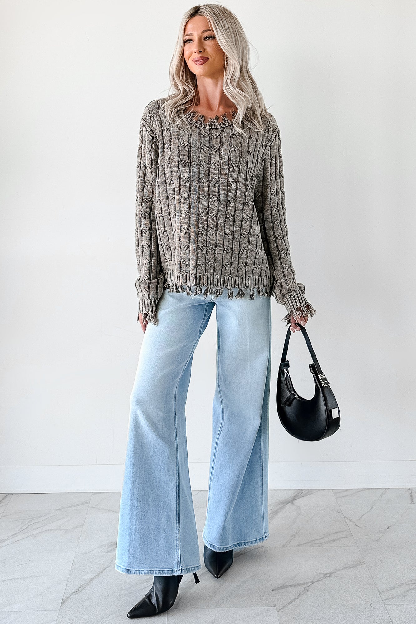 Unwritten Future Cable Knit Fringe Zenana Sweater (Brown)