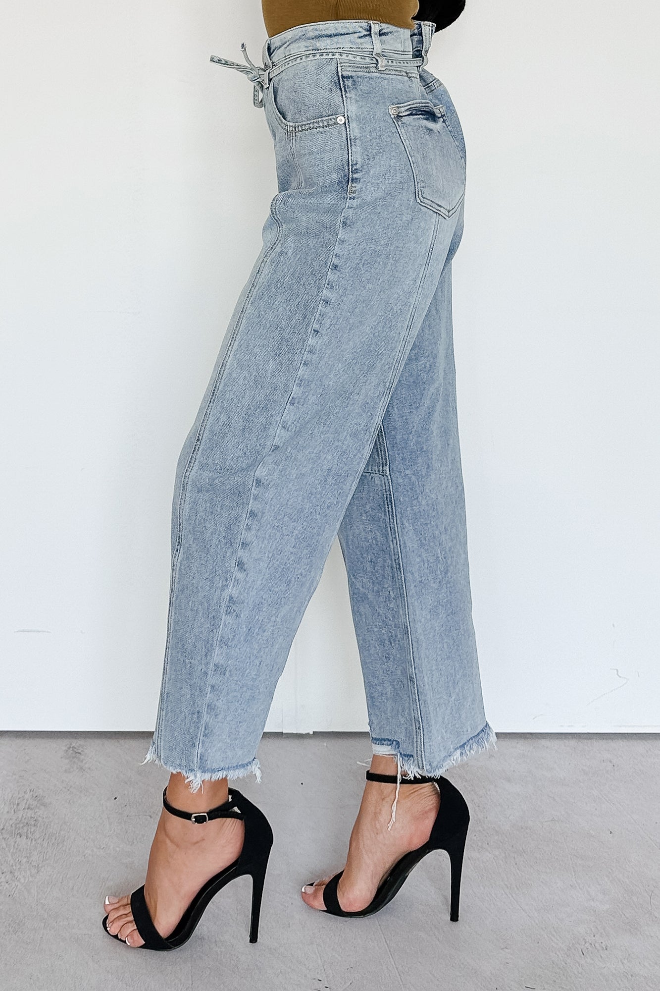 Solara High Rise Waist Tie Saige Denim Barrel Jeans (Light Wash)