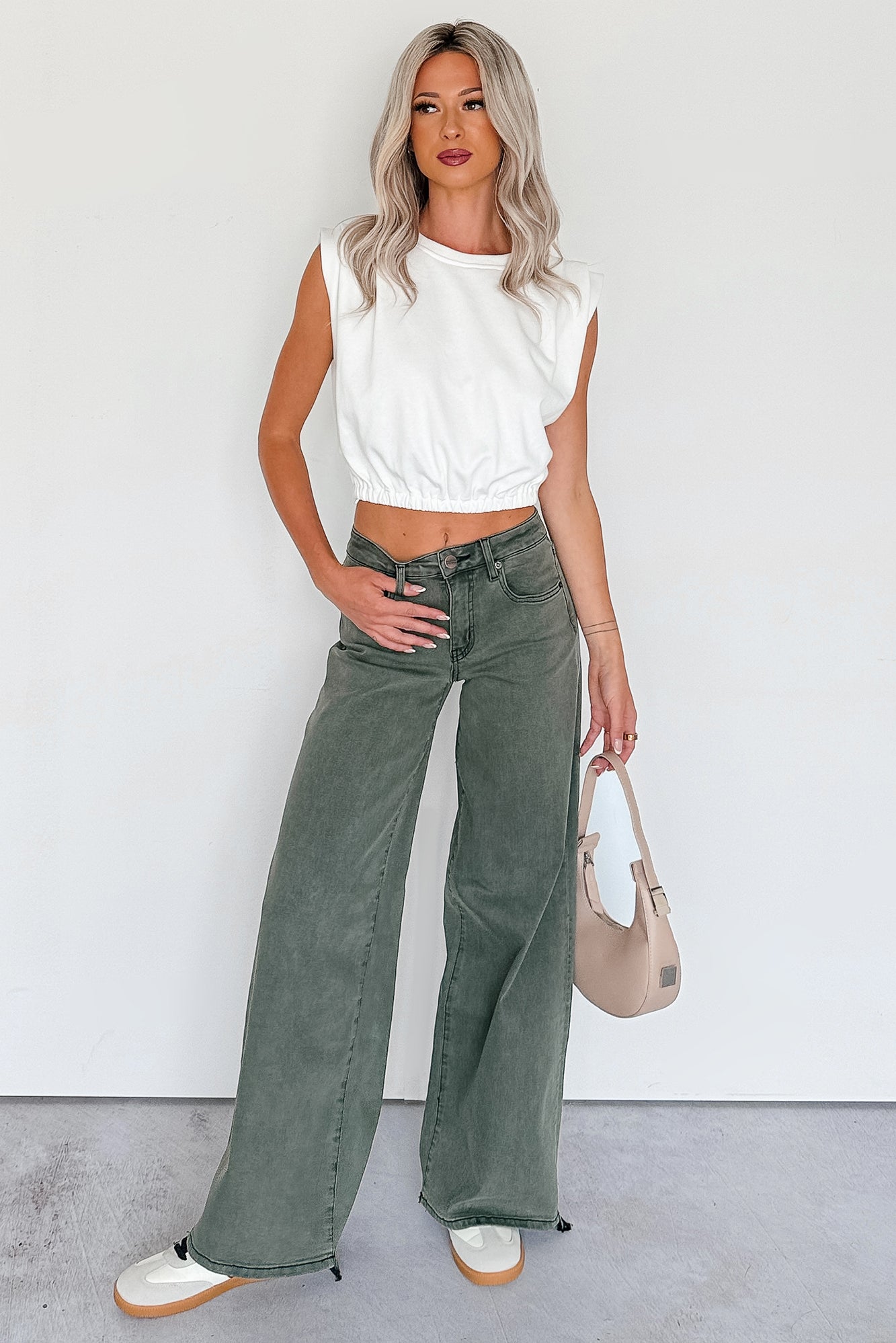 Valencia High Rise Wide Leg Mica Denim Jeans (Dark Green)